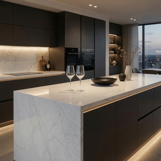 Isla de cocina ÉCLOS Vancor blanco con muebles negros y vista a la ciudad