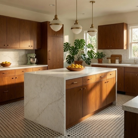 Cocina con isla ÉCLOS Vancor blanco y muebles de madera clara