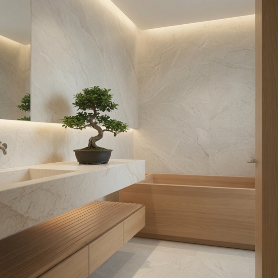 Baño de diseño con encimera ÉCLOS Vancor blanco y bañera de madera