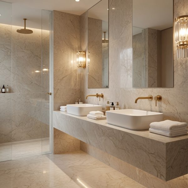 Baño de lujo con encimera y paredes ÉCLOS Veilr crema beige