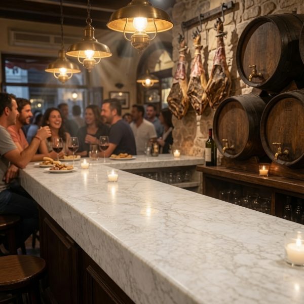 Barra de restaurante con superficie ÉCLOS Veilr crema beige en servicio de lujo