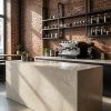 Barra de cafetería con encimera ÉCLOS Veilr crema beige y máquina de café