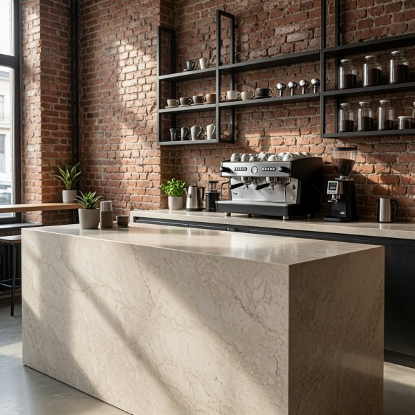 Barra de cafetería con encimera ÉCLOS Veilr crema beige y máquina de café