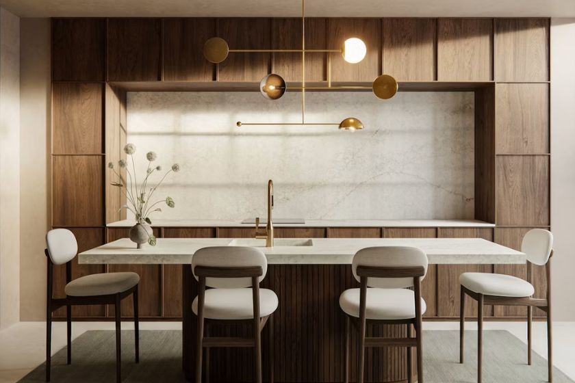 Isla de cocina con encimera ÉCLOS Vancor blanco vetas beige y muebles de madera moderna