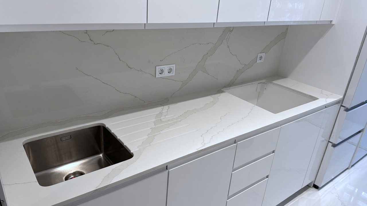 Encimera y salpicadero de cuarzo Equs Statuario con fregadero integrado en cocina moderna blanca