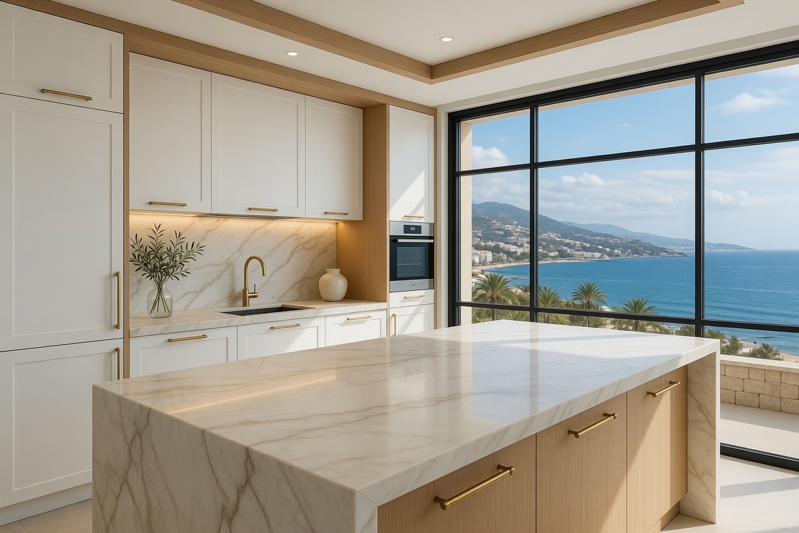 odern luxury kitchen with large marble island and sea view in Fuengirola Costa del Sol