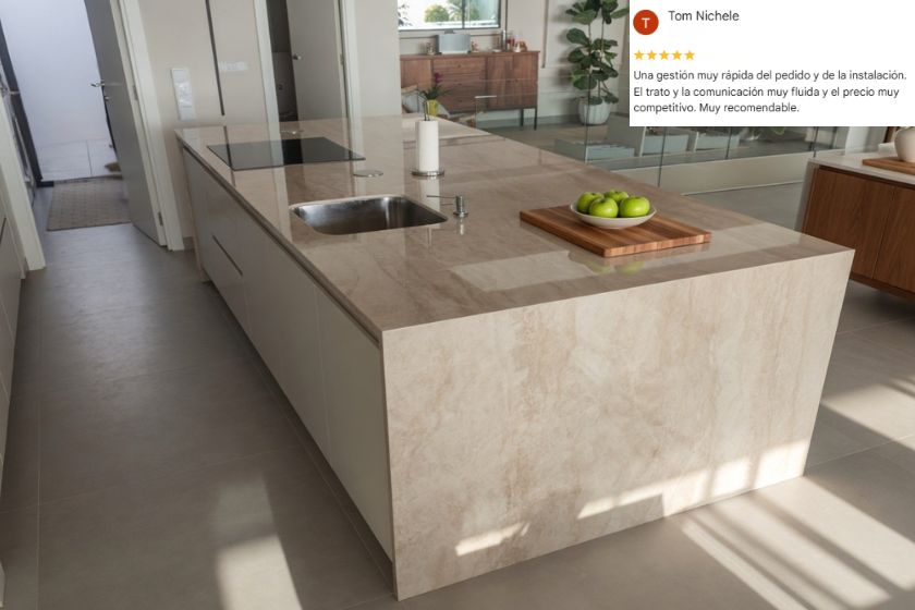 Instalación encimera Dekton Arga isla de cocina Benalmadena Málaga por Encimeras Málaga con reseña cliente