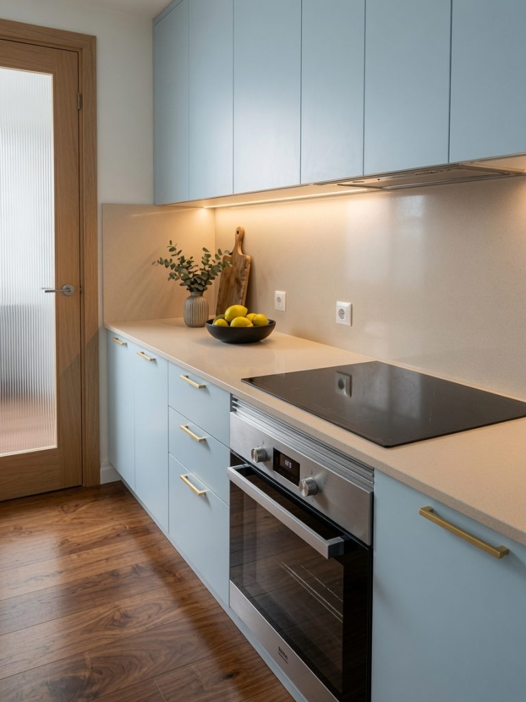 Beige quartz kitchen countertop with light blue cabinets installed in modern kitchen Torremolinos Málaga