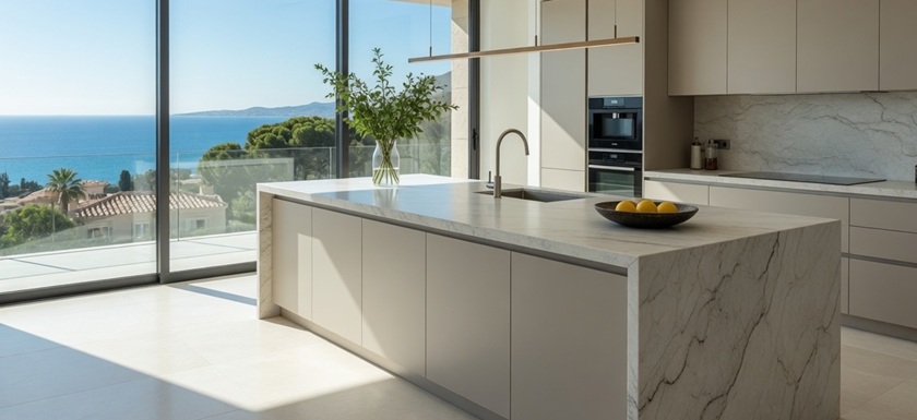 Premium quartzite kitchen countertops in a luxury villa in Estepona, Costa del Sol