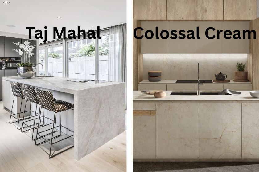 Comparación encimera Techlam Taj Mahal vs Techlam Colossal Cream en cocinas modernas