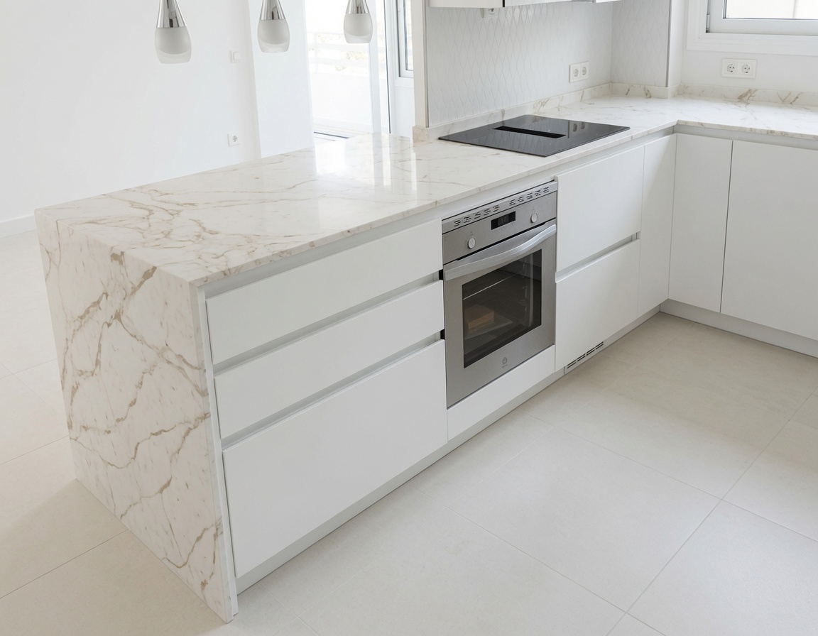 Premium white quartz kitchen island with elegant gold veining in a modern Calahonda villa