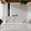 Recepción moderna con mostrador y pared book-matched en Ascale Aura Lux White