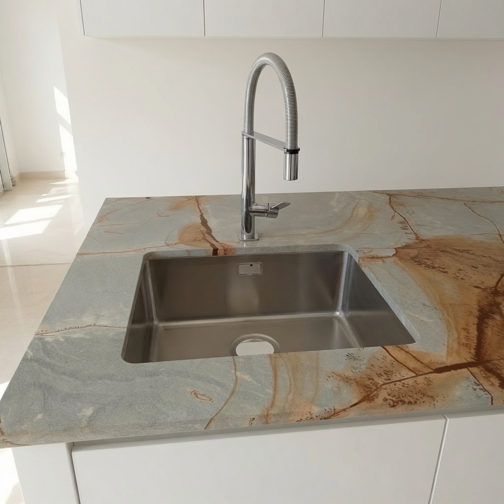 Blue Roma quartzite kitchen worktop with golden veining installed in a Marbella renovation