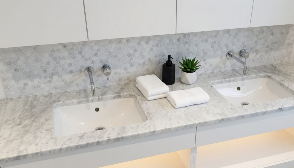 Carrara marble double bathroom vanity installed in a Costa del Sol renovation