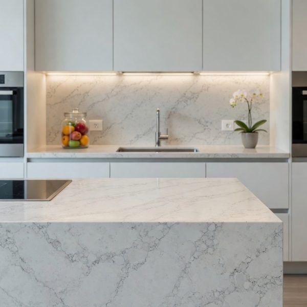 Encimera de Cuarzo Bical Levantina Quartz en cocina moderna con isla central