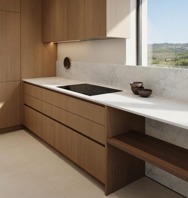 Cocina moderna con encimera de Cuarzo Bical blanco y muebles de madera clara