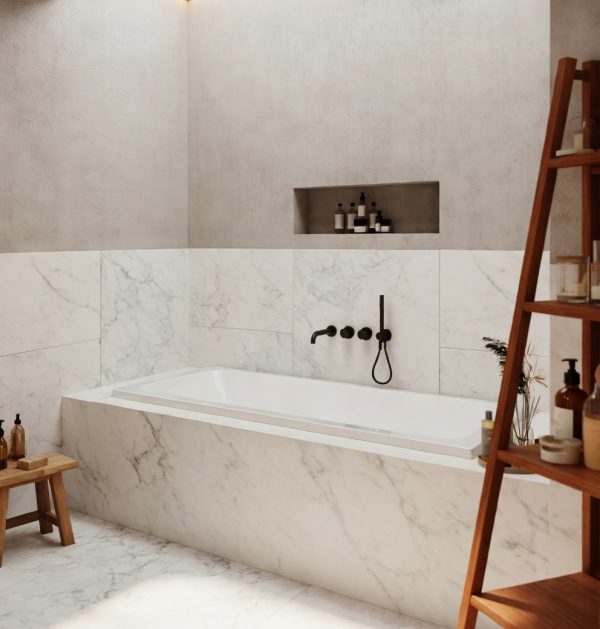 Baño moderno con encimera y revestimiento de Cuarzo Bical blanco con vetas grises