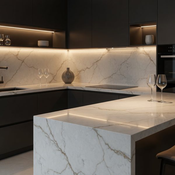 Isla de cocina con encimera de Cuarzo Malvasia en cocina moderna de tonos oscuros