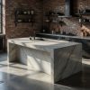 Gran isla de cocina con encimera de Cuarzo Malvasia en loft industrial de ladrillo