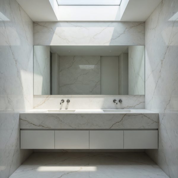Baño moderno con encimera y paredes de Cuarzo Malvasia y doble lavabo