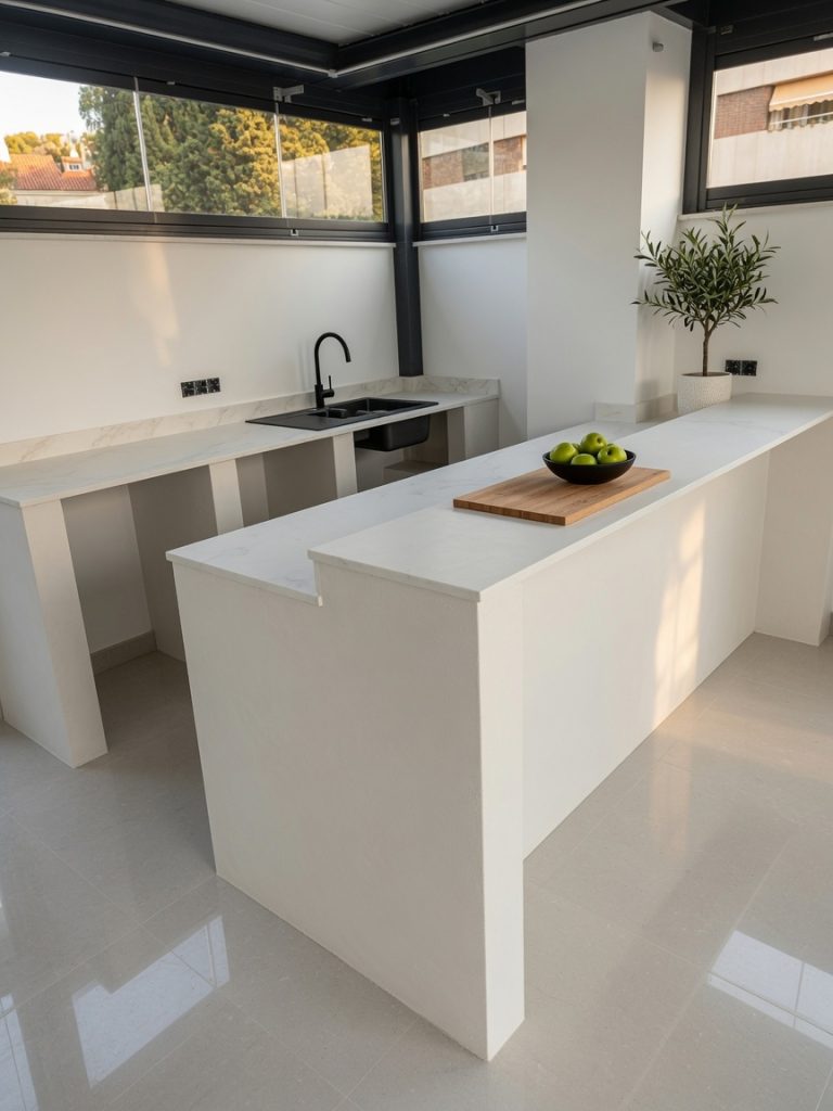 Dekton Rem white worktops installed on a terrace kitchen in El Limonar Málaga by Encimeras Málaga