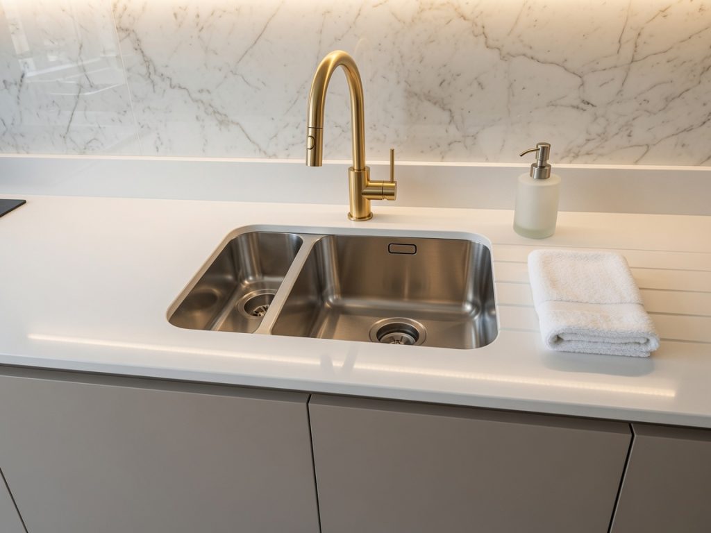Dekton Zenith pure white worktop with undermount sink and gold tap in Marbella