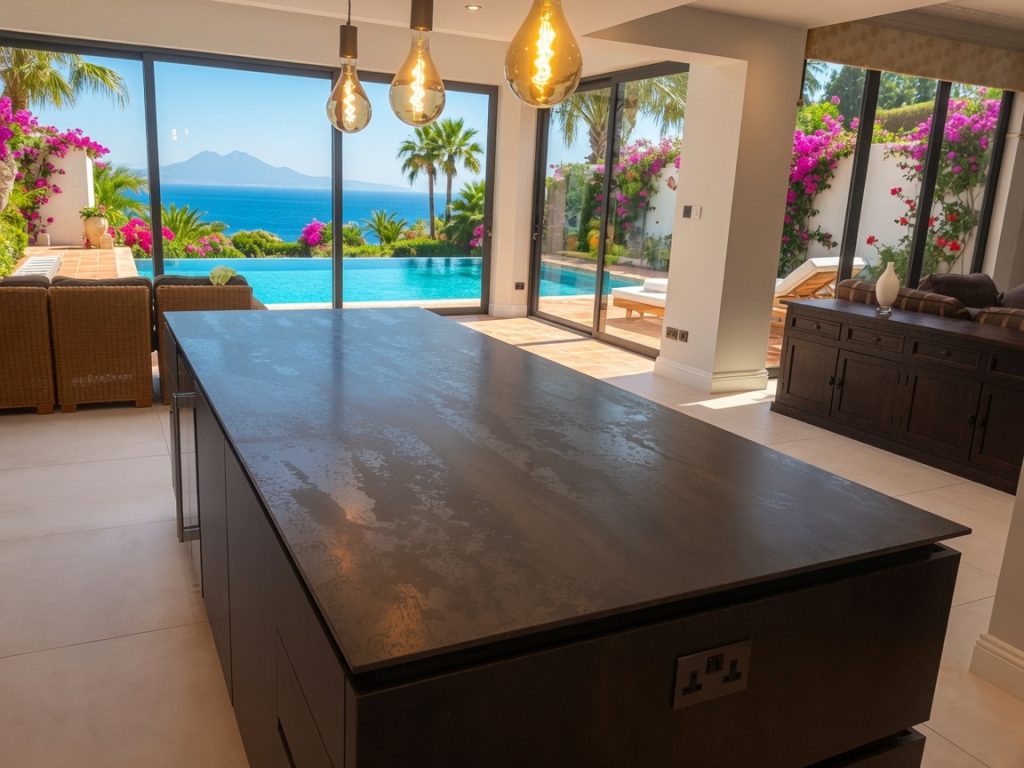 Dekton Radium dark metallic island worktop in a luxury Marbella villa with sea views