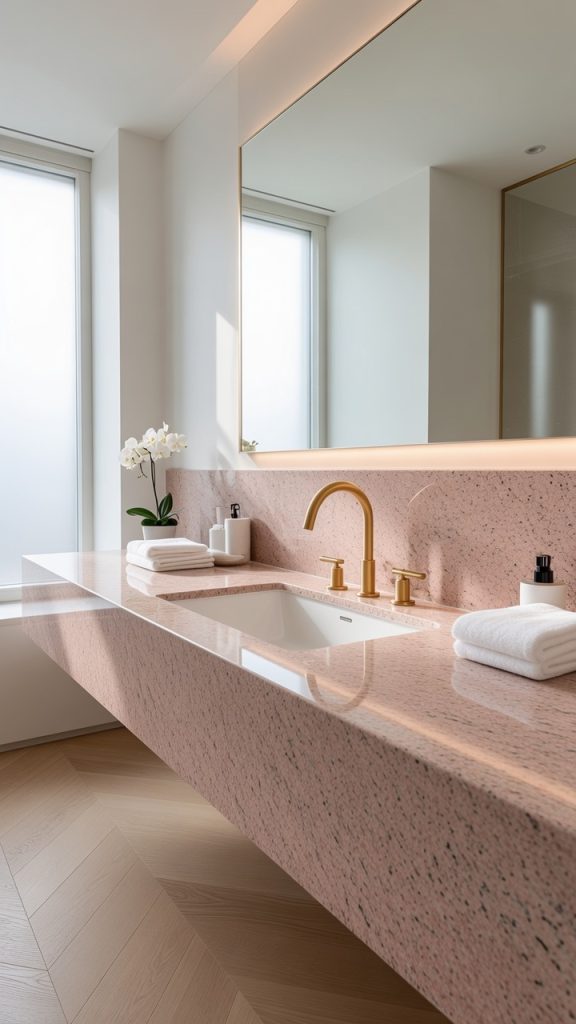 Pink granite hotel bathroom vanity with gold fittings