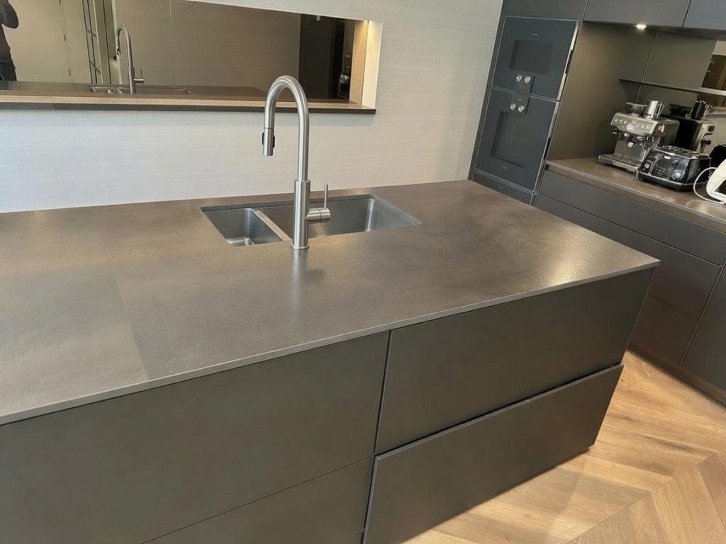 eolith Sofia Cuprum dark metallic kitchen island installed on the Costa del Sol