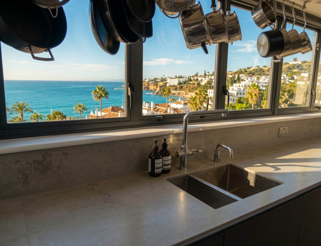 Neolith Beton concrete-effect kitchen worktop with sea views on the Costa del Sol
