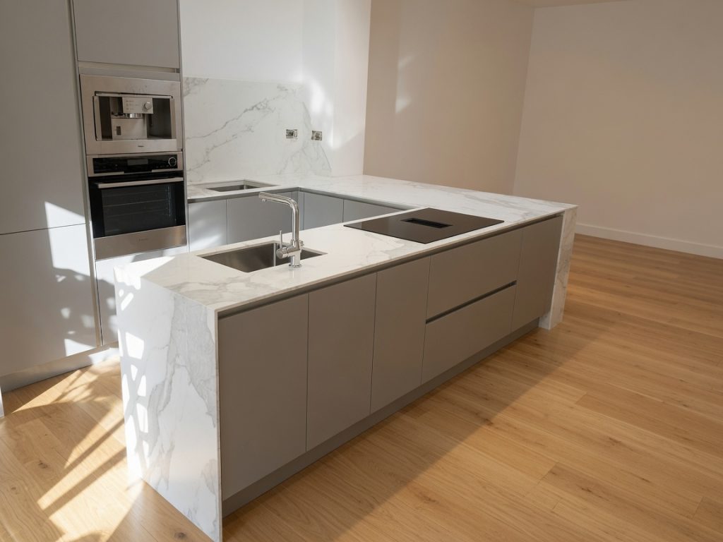 Neolith Calacatta marble-effect kitchen island with induction hob on the Costa del Sol