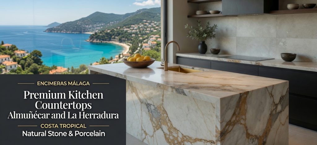 Luxury kitchen island with premium natural stone or porcelain countertop in Almuñécar and La Herradura