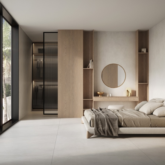 Dormitorio moderno con revestimiento de pared en Ascale Cosmopolita Light