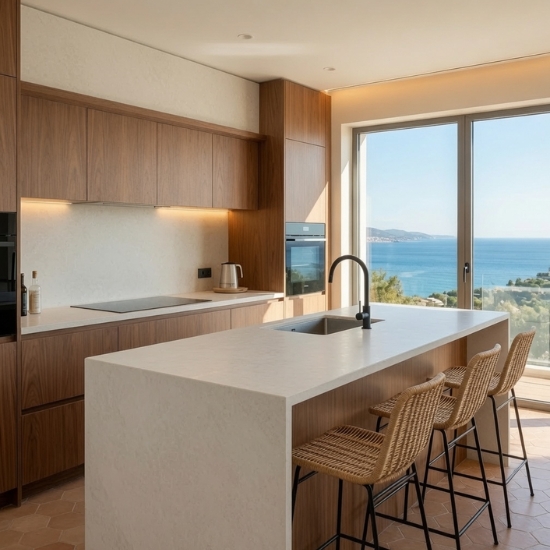 Cocina moderna con isla en Ascale Cosmopolita Light y vista al mar Mediterráneo