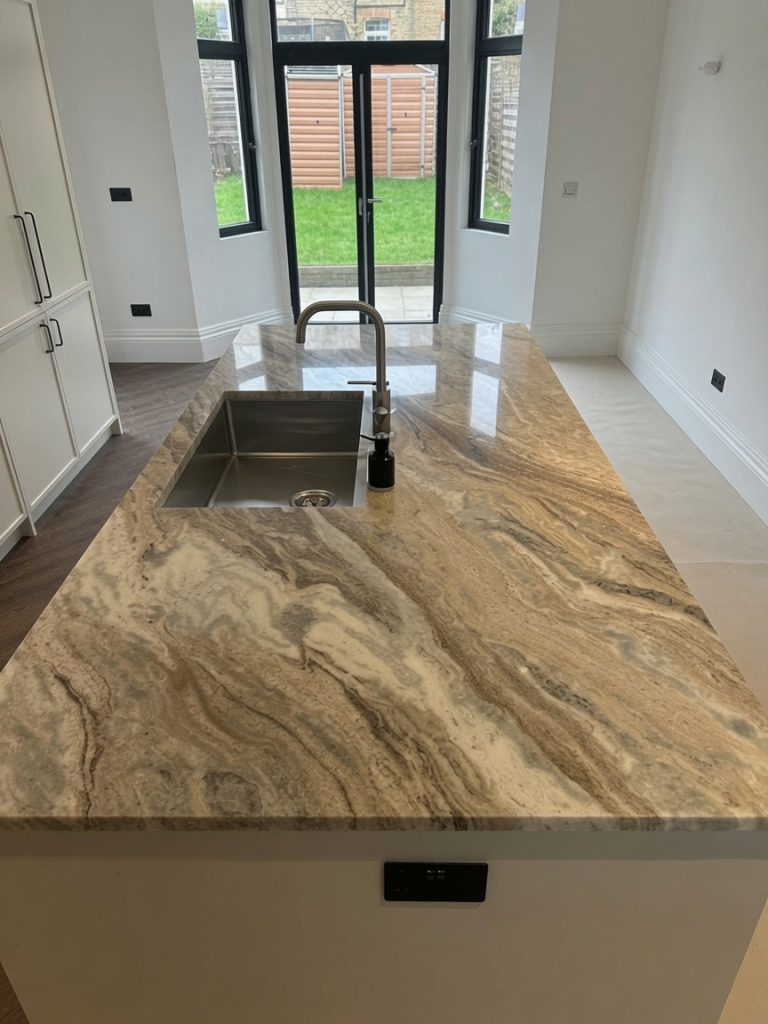 Dramatic brown marble kitchen island with mitred edge installed in Marbella