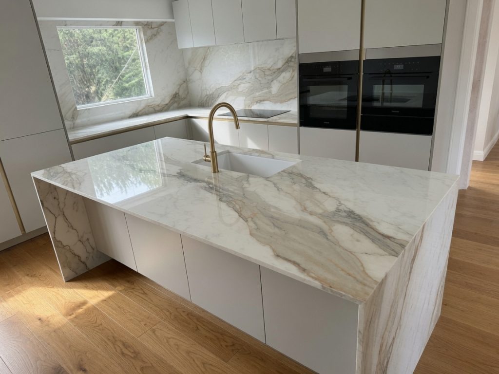 Calacatta porcelain kitchen island with matching splashback installed in Marbella