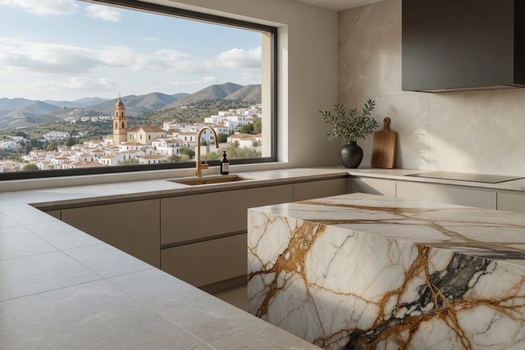 Luxury kitchen with premium marble-effect island countertop in Cártama, Málaga