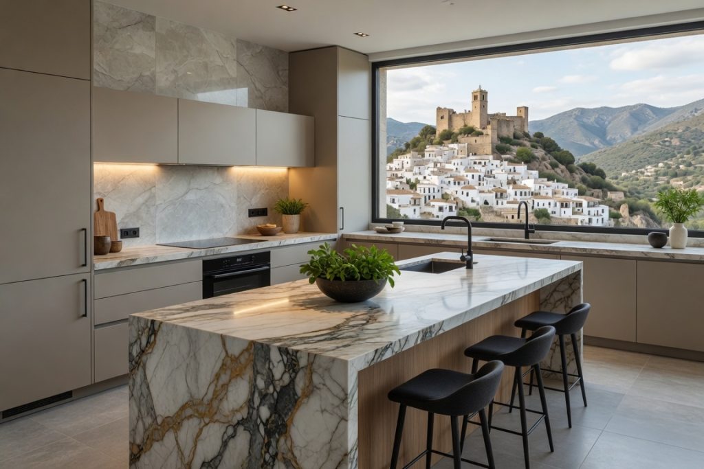 Luxury kitchen with premium marble-effect island countertop in Casares, Málaga