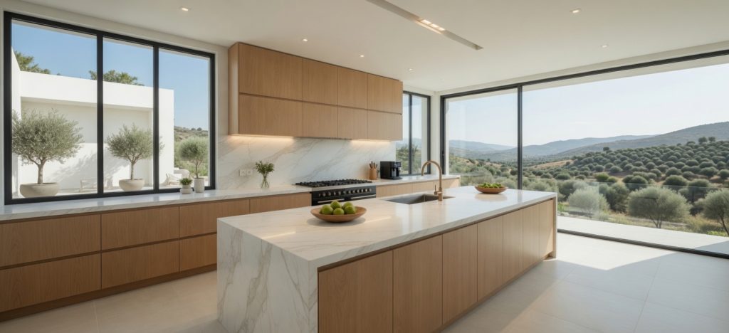 Modern luxury kitchen with large white marble island and gold veins in Coín, Málaga