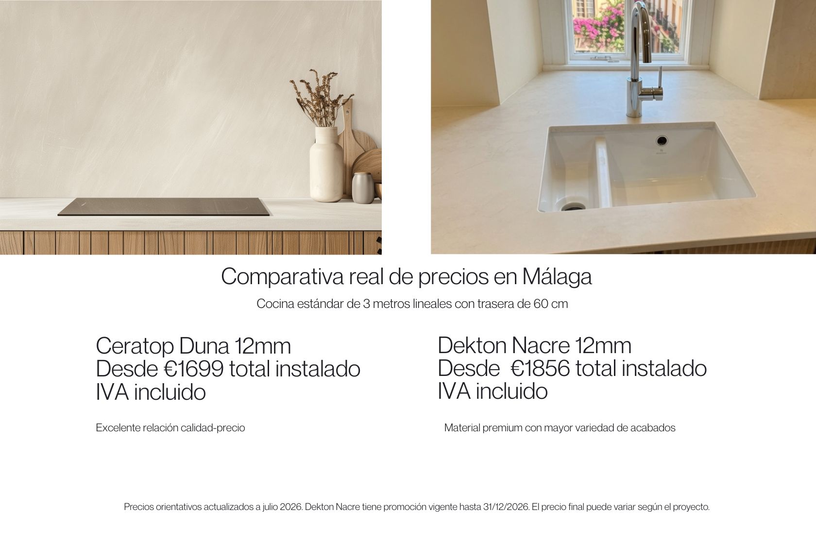 Comparativa Ceratop Duna vs Dekton Nacre Málaga