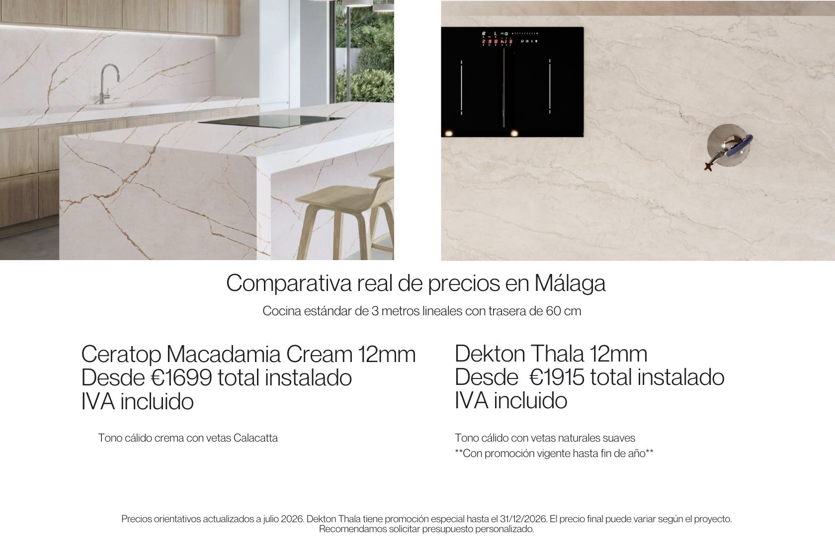 Comparativa Ceratop Macadamia Cream vs Dekton Thala Málaga