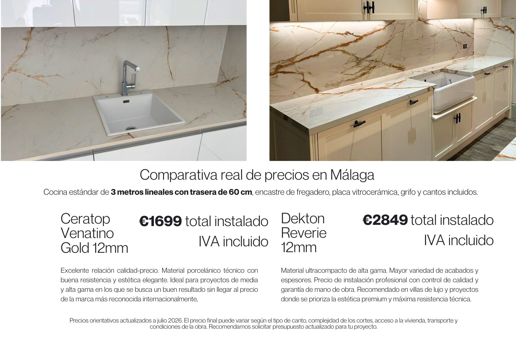Comparativa real Ceratop Venatino Gold vs Dekton Reverie en Málaga - Precios instalados