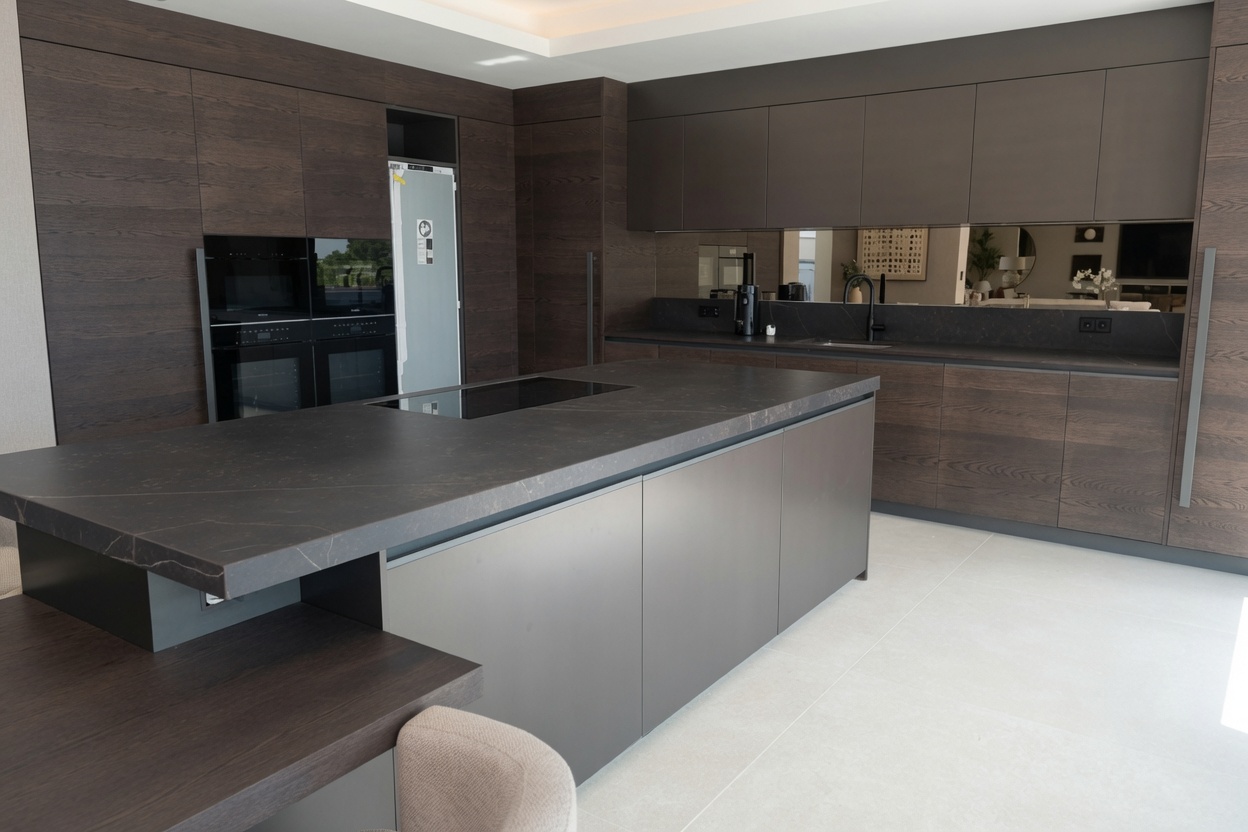 Large-format Dekton Kelya porcelain kitchen island with dark wood cabinetry in modern villa Benahavis