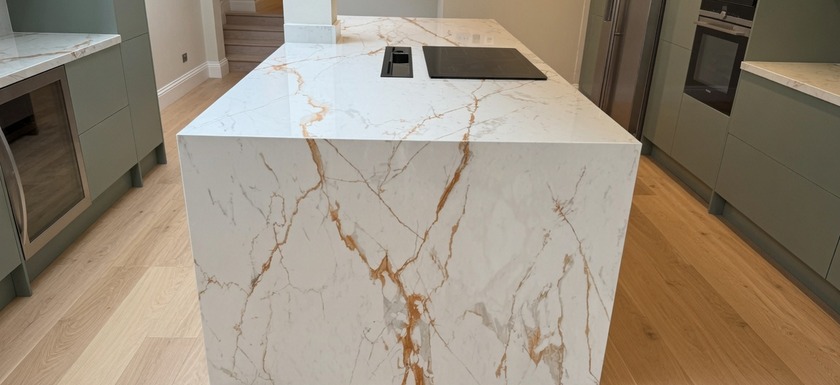 Isla de cocina con encimera de gran formato instalada en Málaga
