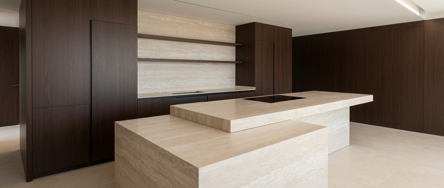 Modern luxury kitchen with large-format Ascale Tivoli White porcelain island and dark wood cabinetry in Magna Marbella