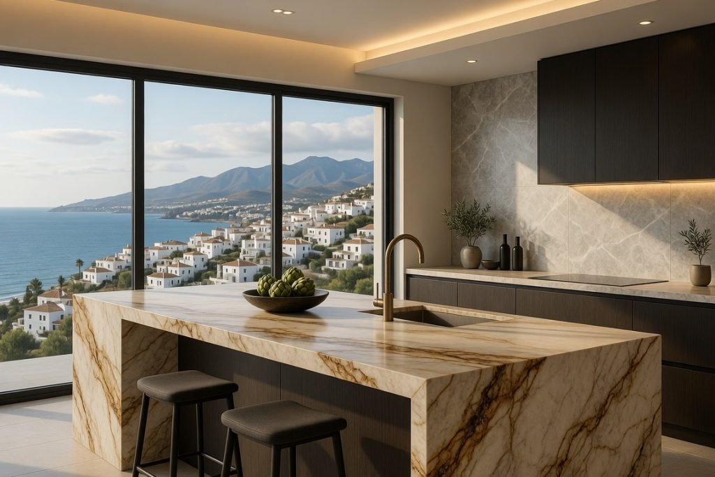 Luxury kitchen with premium marble-effect island countertop in Manilva, Costa del Sol