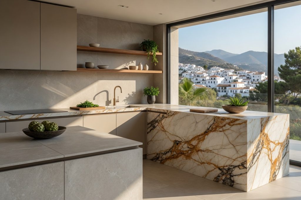 Luxury kitchen with premium marble-effect island countertop in Motril, Granada