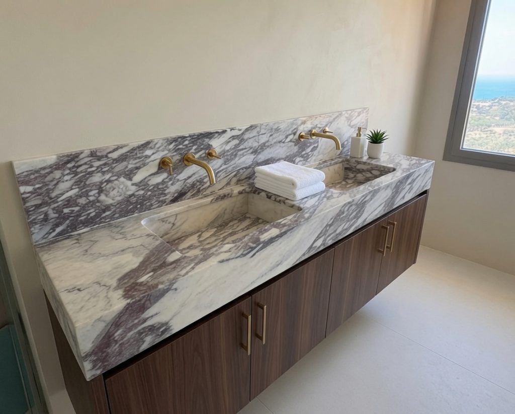Natural Calacatta Viola marble double vanity installation in Marbella with sea views