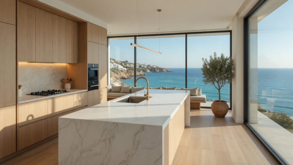Modern luxury kitchen with large white marble island and sea views in Nerja Málaga