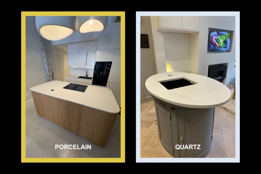 Side-by-side comparison of porcelain vs quartz kitchen countertops showing real installations on the Costa del Sol